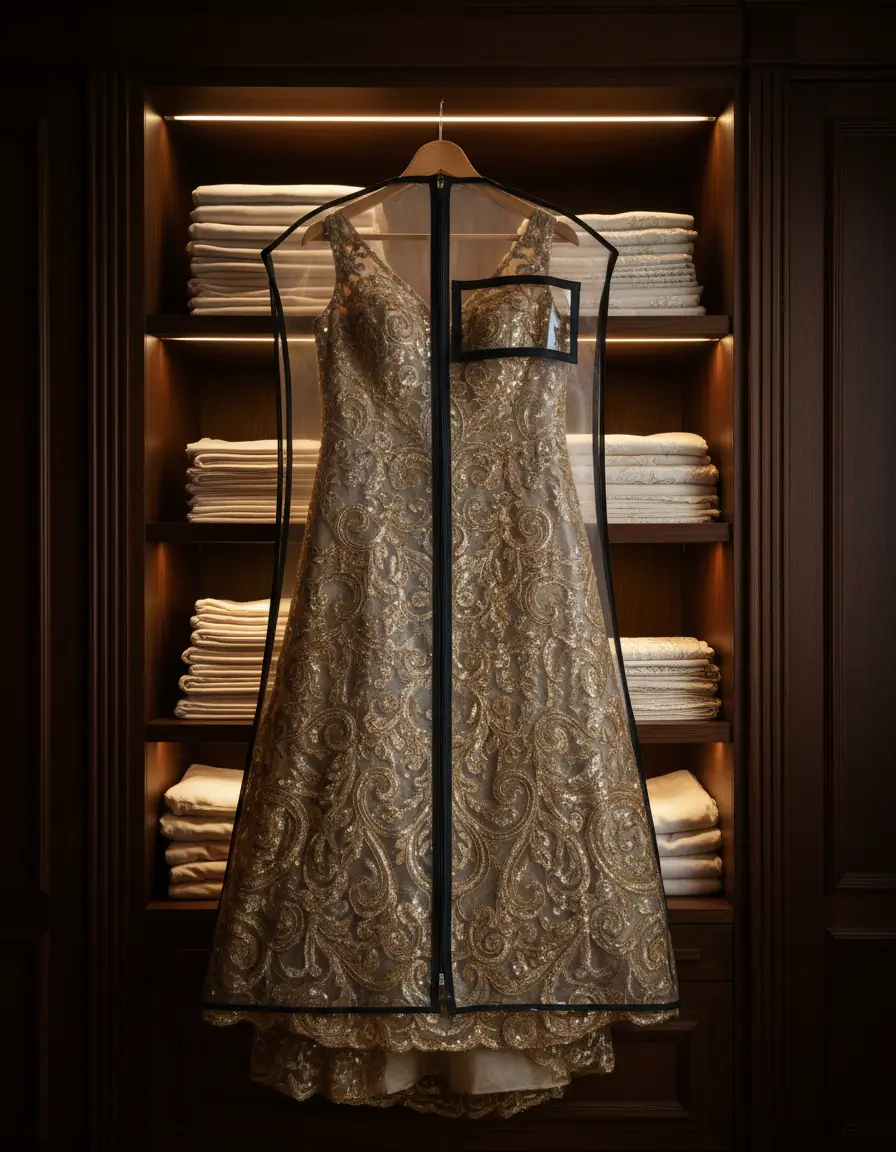 Gold-embroidered occasion garment protected in a black garment cover inside the The House of Laundre Luxe wardrobe