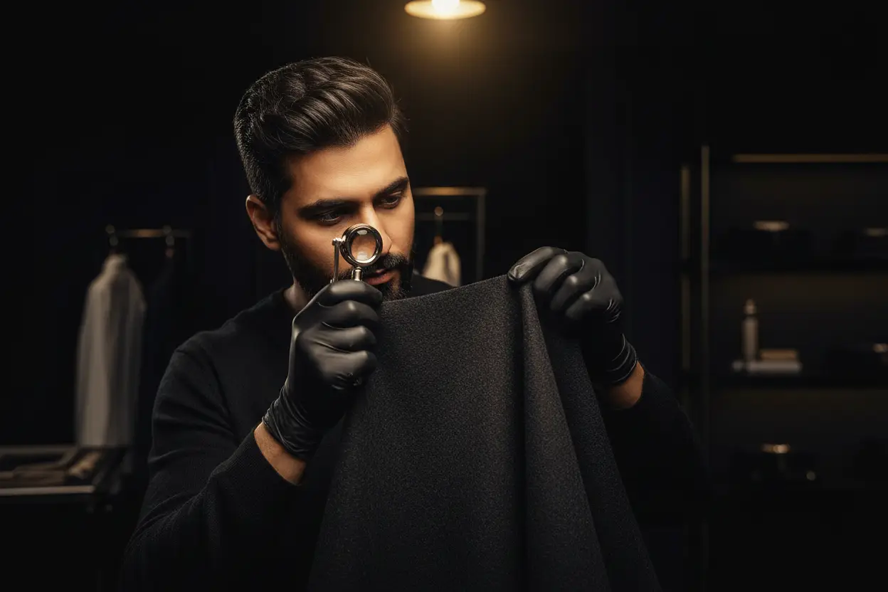 Specialist examining fabric through a loupe