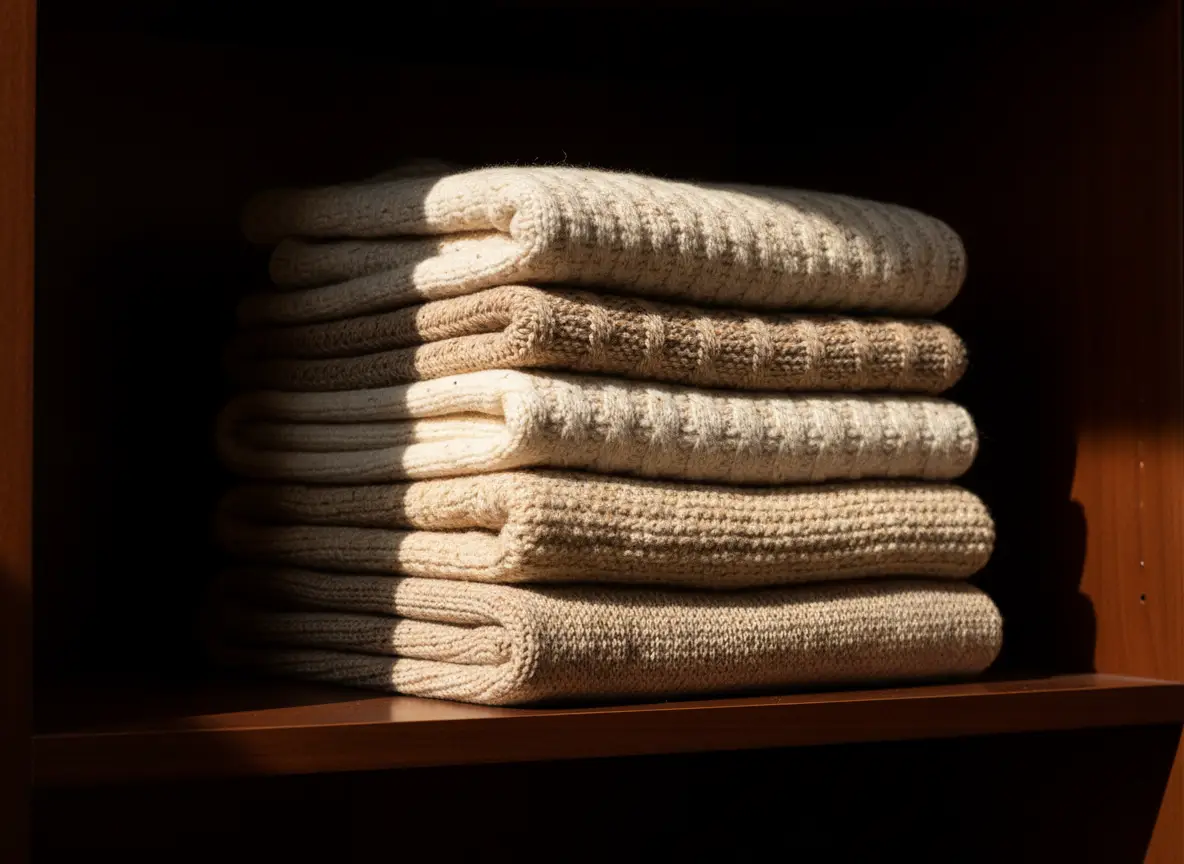 Folded cream knits stacked on a dark shelf