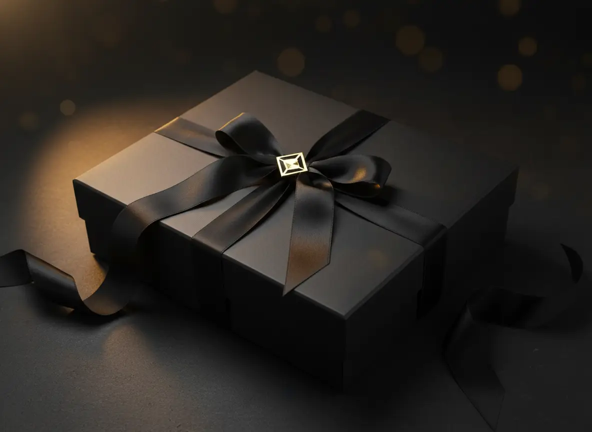 Matte black gift box with satin ribbon and gold emblem