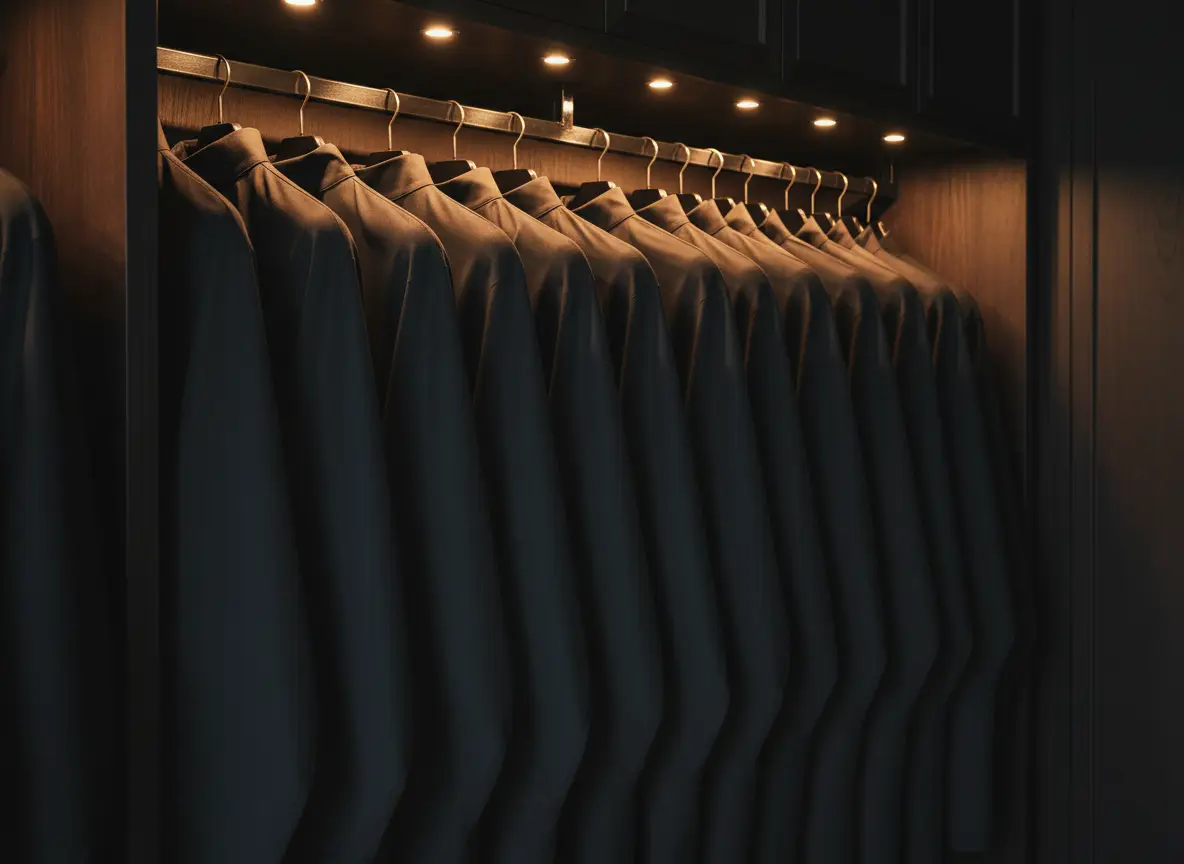 Rail of garments protected in black covers inside a dark boutique wardrobe