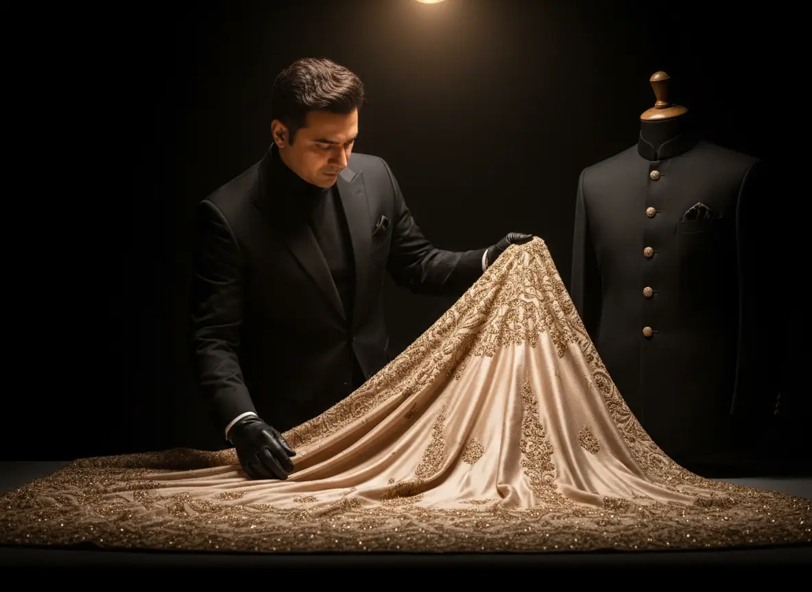 Craftsman at The House of Laundre Luxe carefully inspecting a gold-embroidered garment beside a black sherwani on a mannequin