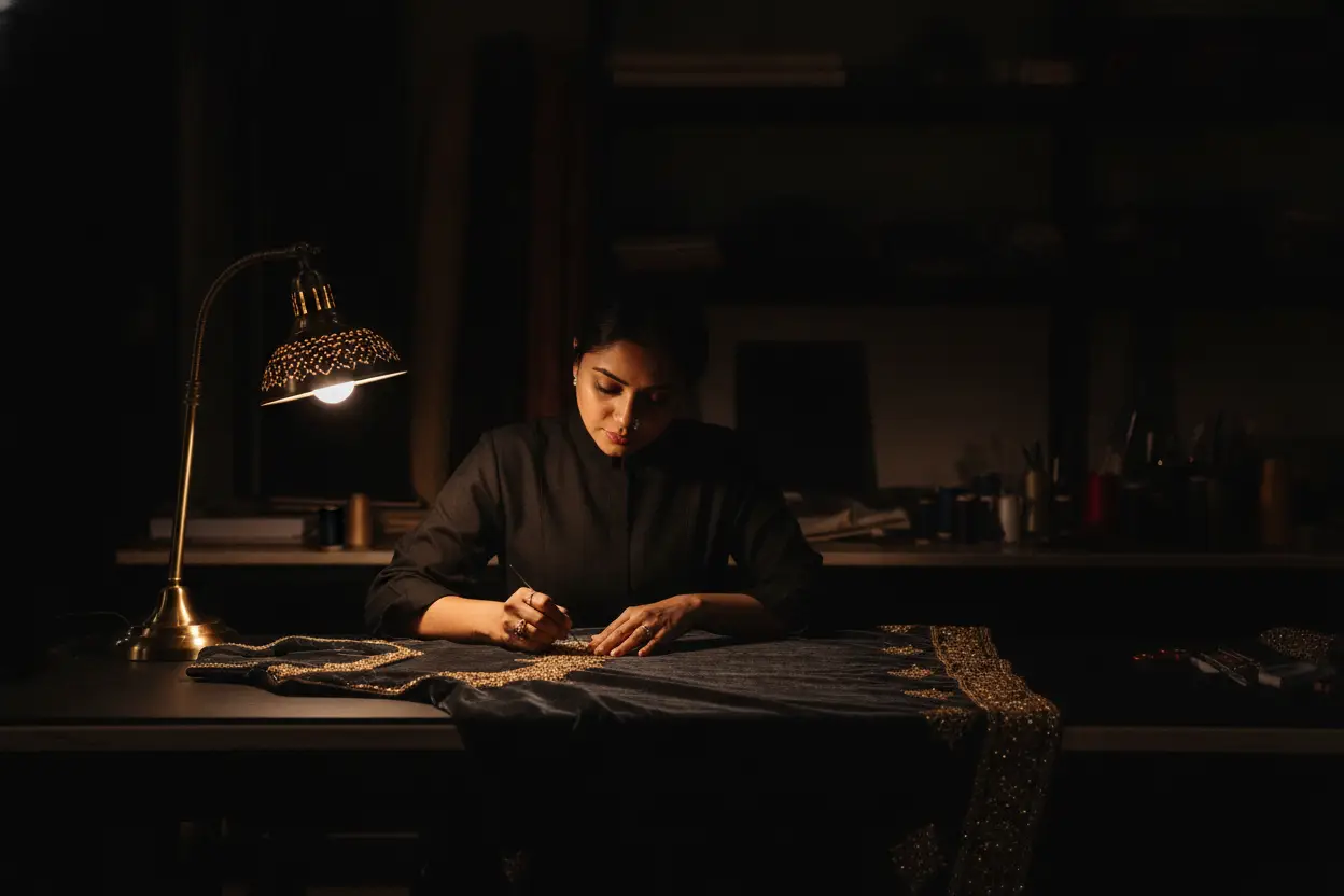 Artisan finishing a garment at the atelier counter