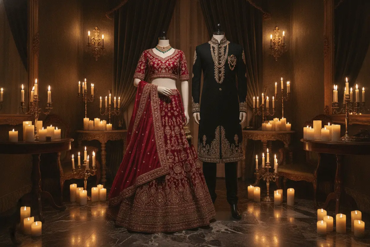 Red bridal lehenga and black embroidered sherwani on mannequins