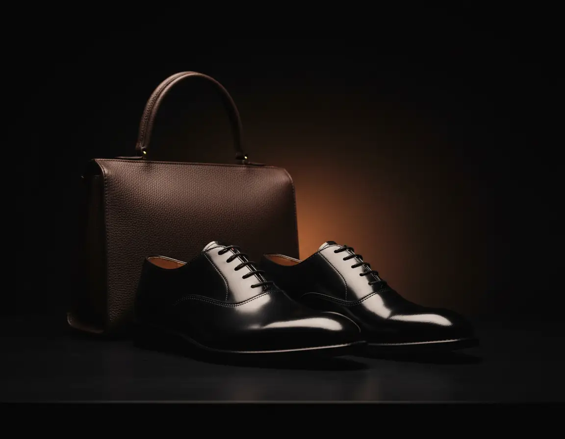 Polished black leather shoes and handbag