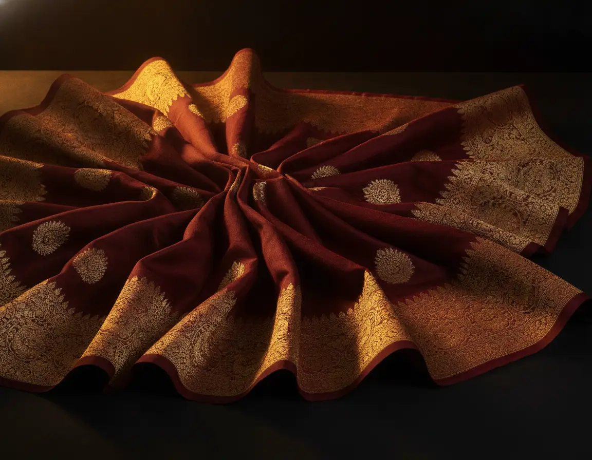 Gold-embroidered silk sarees layered on a dark surface