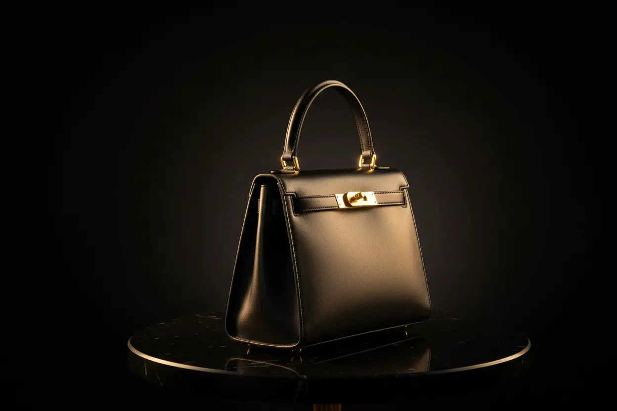 Black leather handbag on a dark surface
