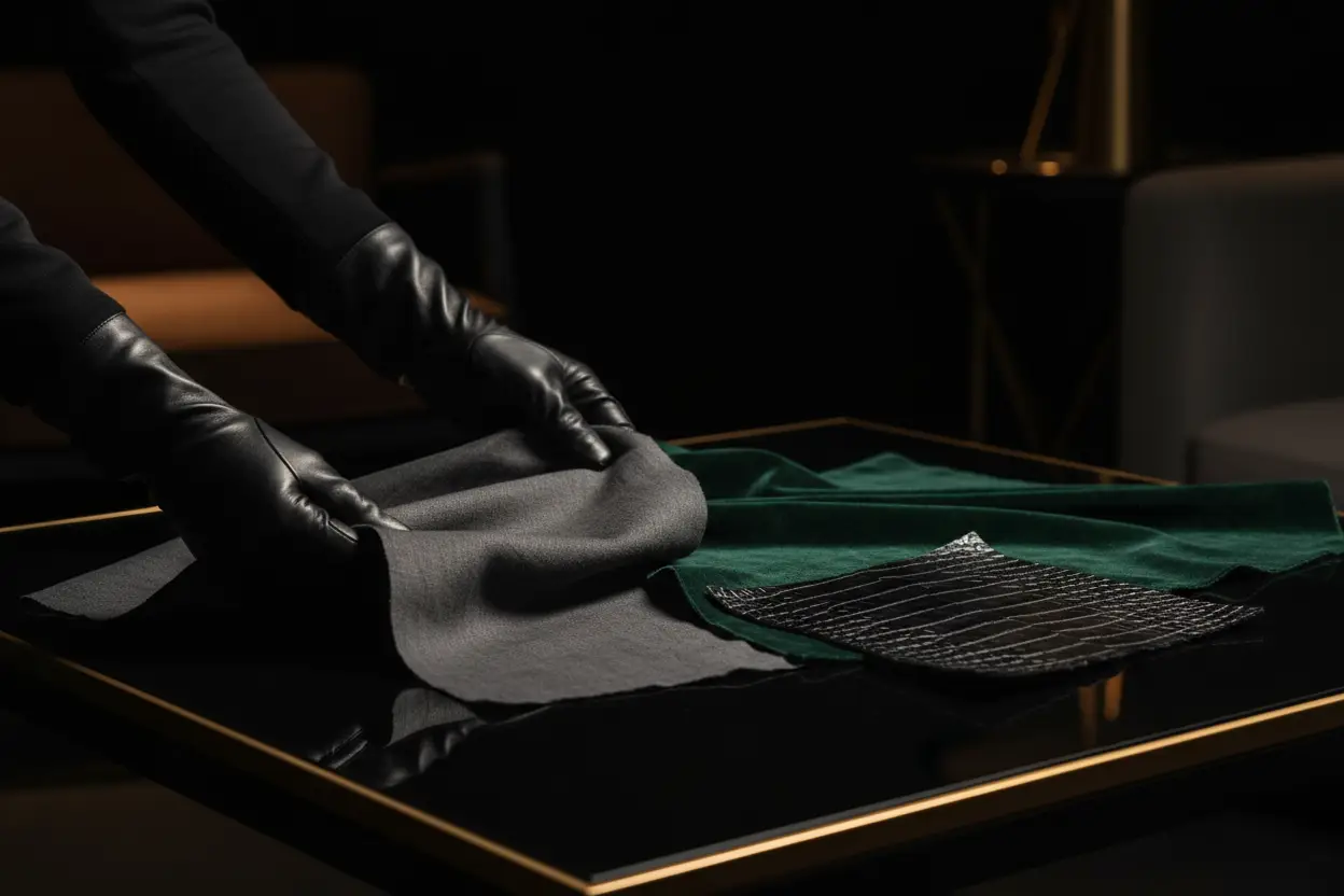 Gloved hands examining fabric swatches and leather at the The House of Laundre Luxe atelier