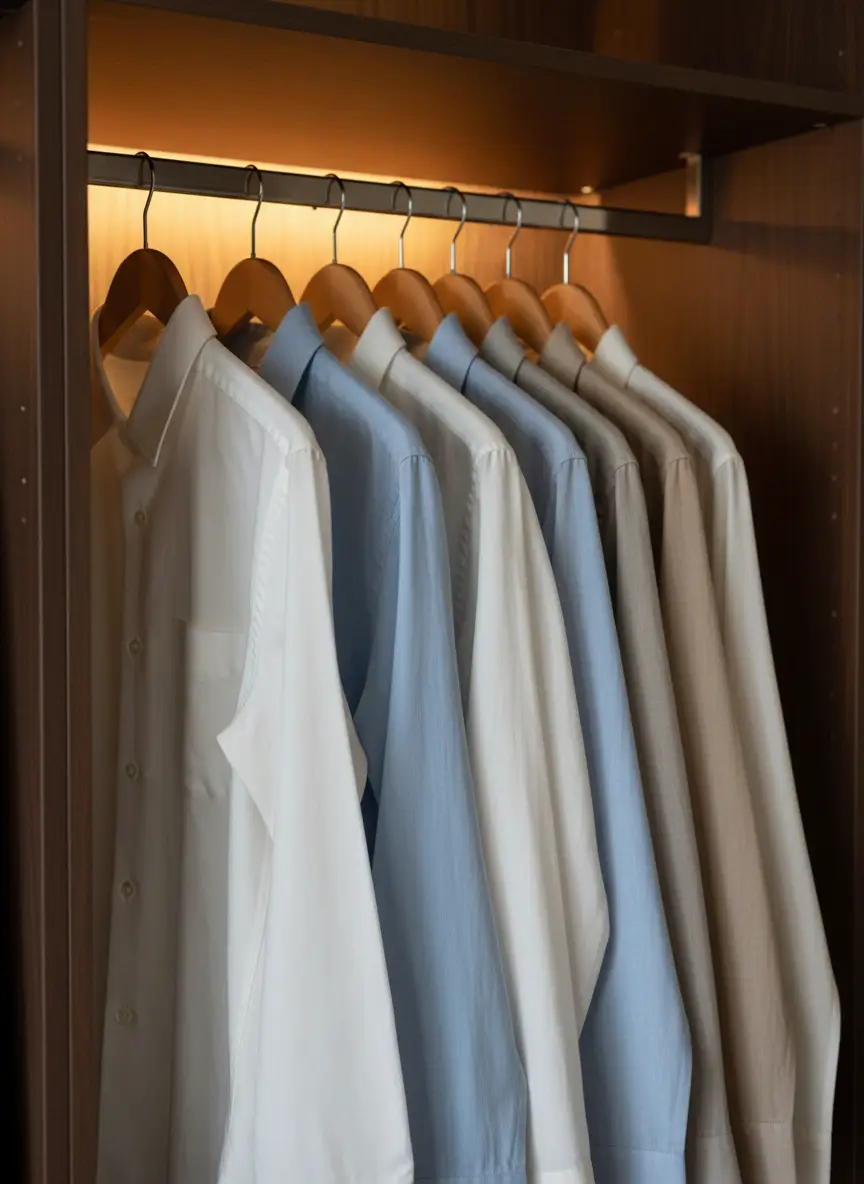 Everyday shirts on wooden hangers